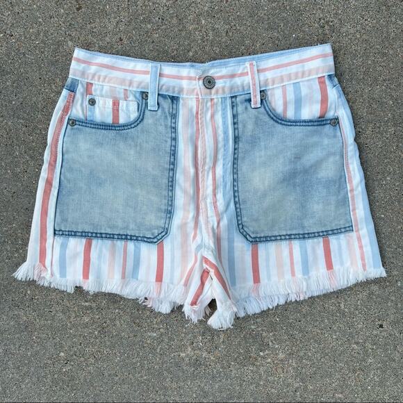 American Eagle Outfitters Pants - AEO Mom Shorts pastel stripe pink blue frayed hem jean shorts Size 2